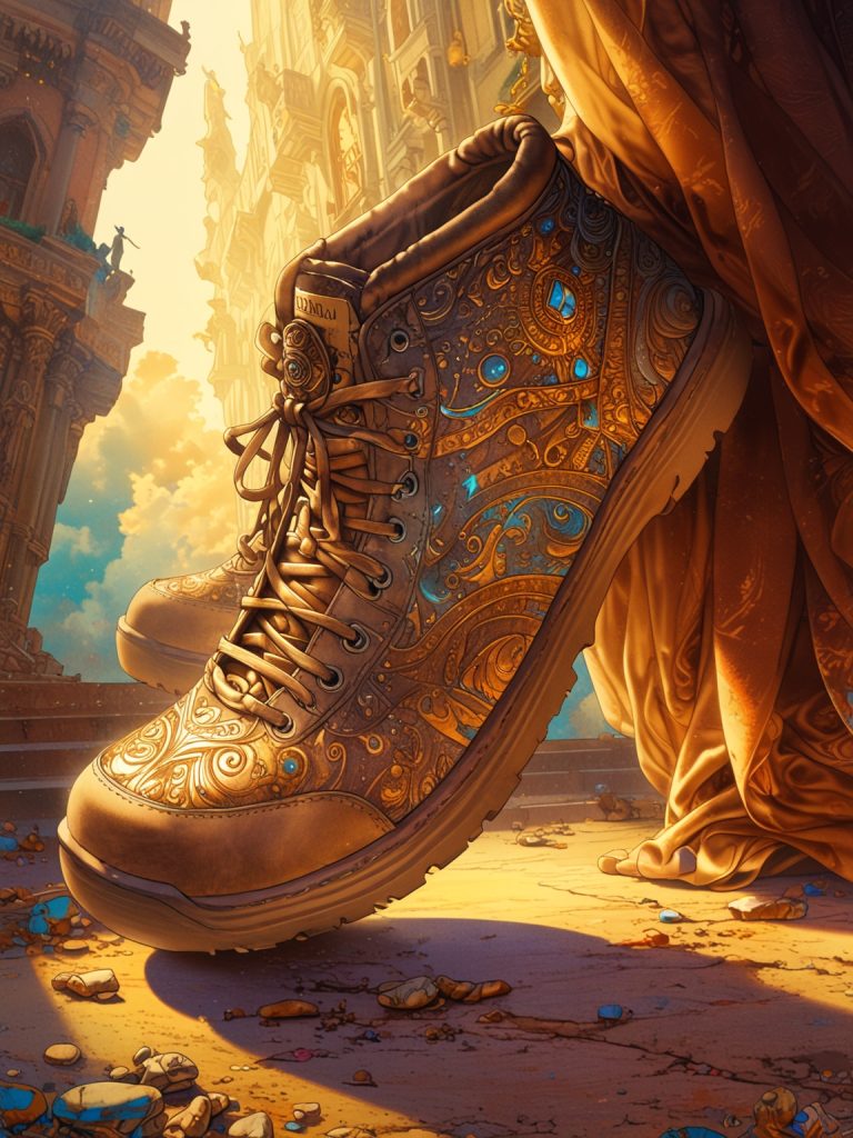 Ornate shoes emitting a calming light, stepping confidently forward, leaving peace in their wake.