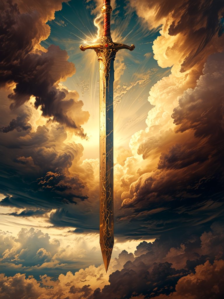 A gleaming sword cutting through dark clouds, symbolizing the power of God’s Word to defeat deception.