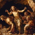 Joseph being thrown into a dark, deep pit by his brothers, with expressions of betrayal and despair on his face. In the background, depict a distant palace, symbolizing his future rise to power. The image should convey a sense of hope and faith despite the adversity.