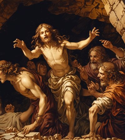 Joseph being thrown into a dark, deep pit by his brothers, with expressions of betrayal and despair on his face. In the background, depict a distant palace, symbolizing his future rise to power. The image should convey a sense of hope and faith despite the adversity.