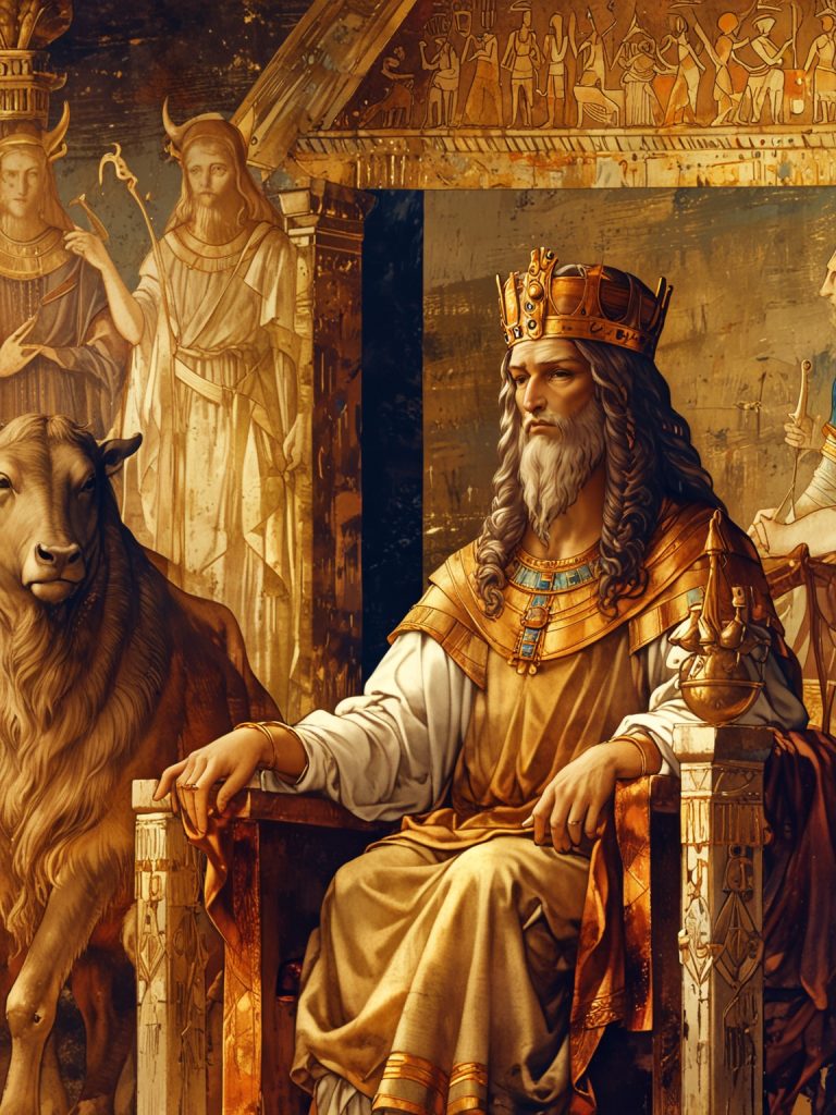 Pharaoh’s expression should be one of awe and realization. Include symbolic elements of the dreams, such as seven healthy cows and seven lean cows, in the background