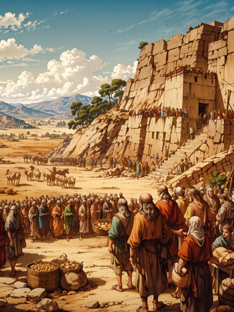 A barren landscape with starving people lining up for food. In the foreground, depict Joseph overseeing the distribution of grain from large storehouses.