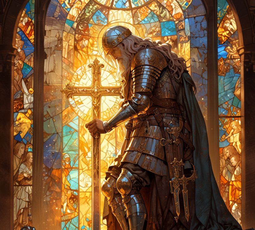 A knight in shining armor kneels before a giant cross, sunlight streaming through the stained glass window behind it