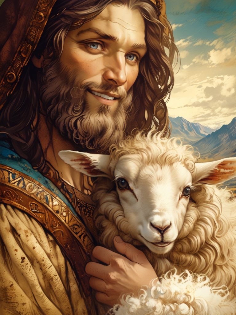A shepherd with a gentle smile holds a scared lamb close. 