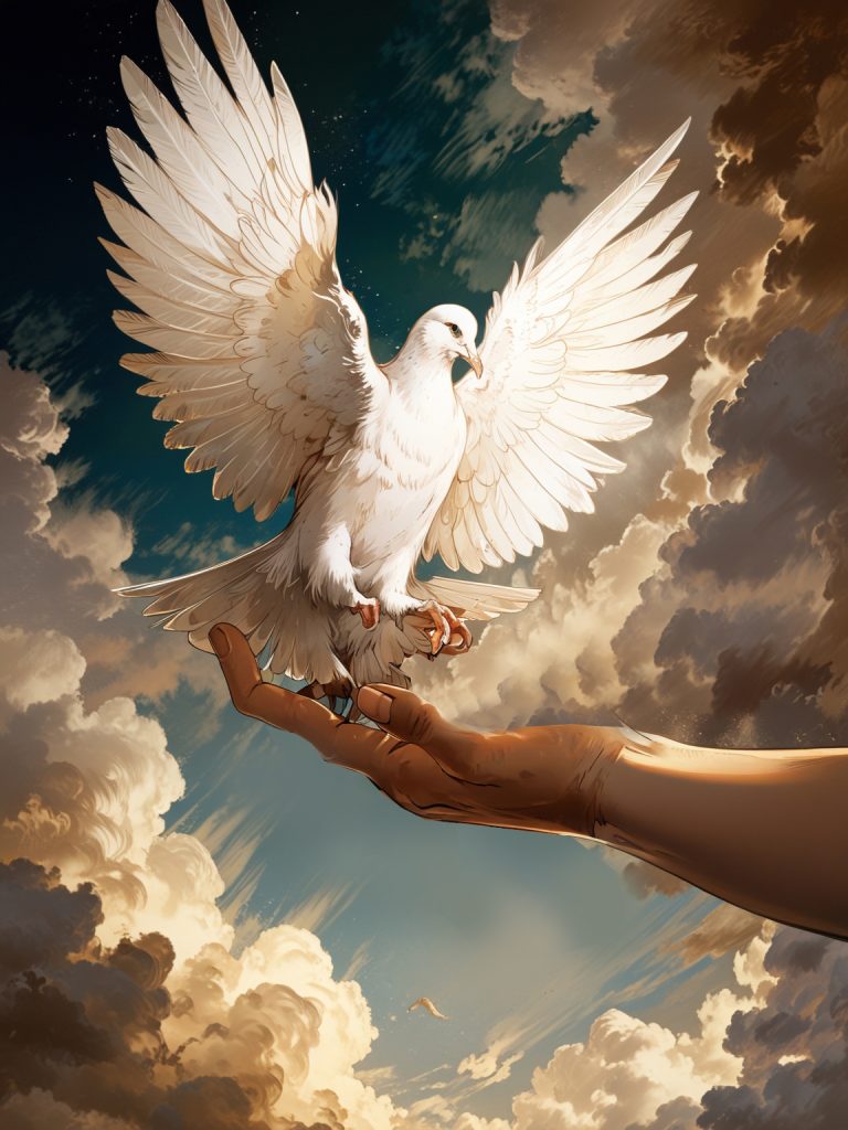 A hand reaching down from a cloud, offering a glowing white dove.