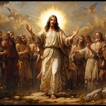Jesus standing confidently with his arms outstretched, bathed in warm light, mourners dressed in muted tones surrounding him.