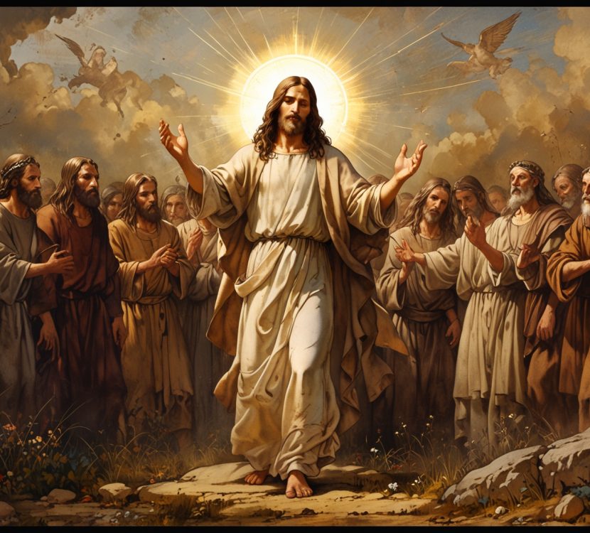 Jesus standing confidently with his arms outstretched, bathed in warm light, mourners dressed in muted tones surrounding him.