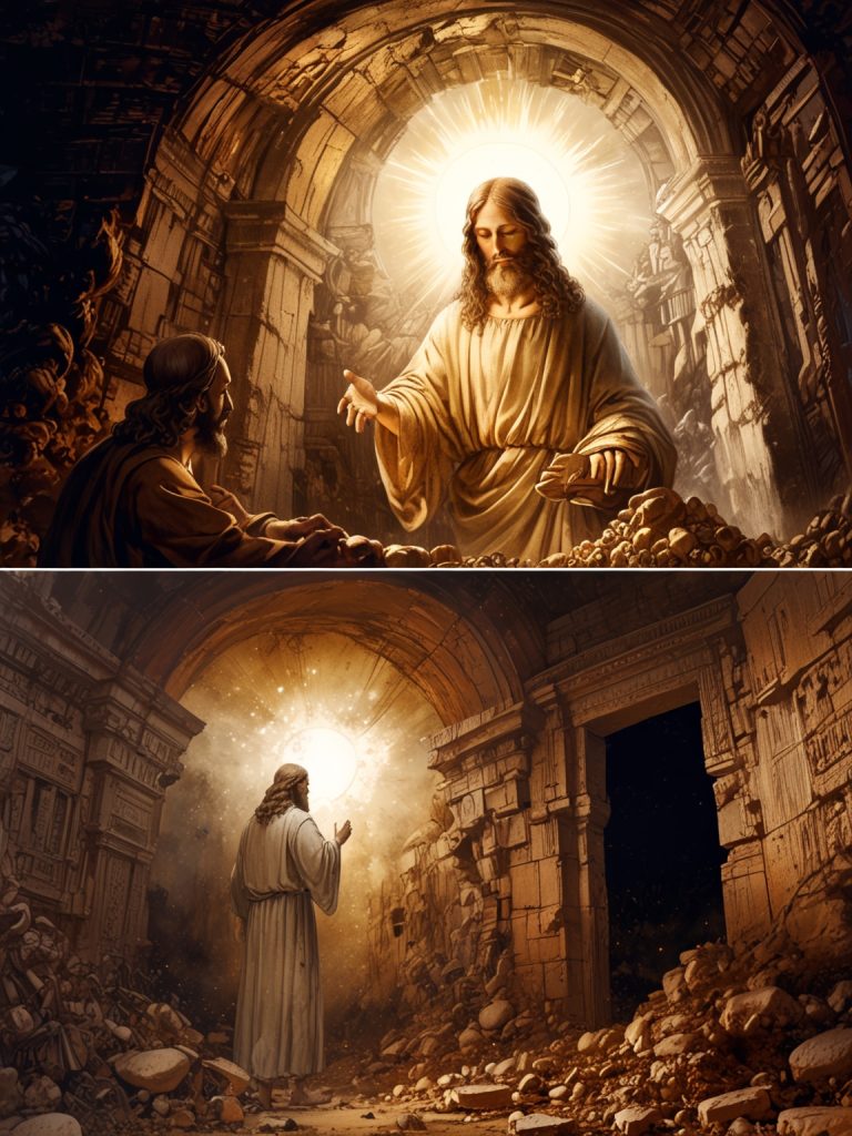 One side depicts a dark tomb, the other Jesus with a radiant glow reaching towards the tomb, symbolizing hope overcoming darkness.