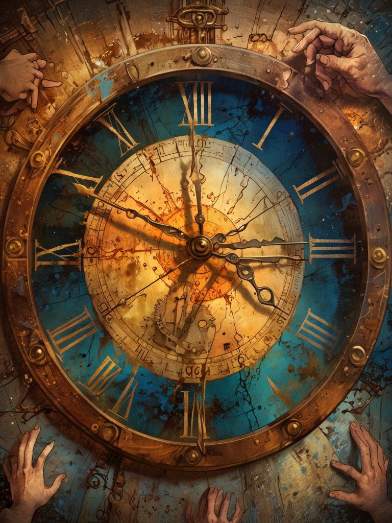 A clock face with hands seemingly frozen, overlaid with an image of a helping hand reaching down