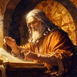 A scholar sits amidst ancient scrolls, their hand outstretched towards a heavenly light symbolizing revelation.