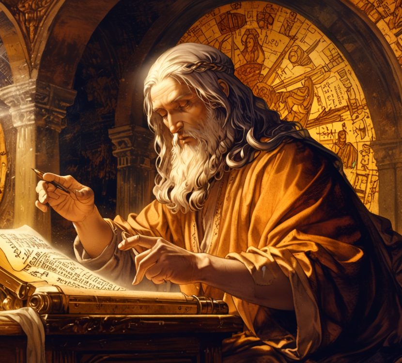 A scholar sits amidst ancient scrolls, their hand outstretched towards a heavenly light symbolizing revelation.