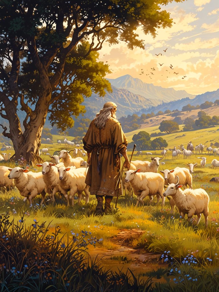 A shepherd guides his flock through a lush meadow, with the new covenant etched on a nearby rock.