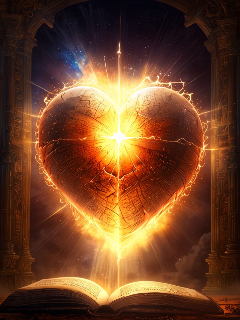 A fiery heart rests upon an open Bible, with rays of light illuminating the surrounding space.