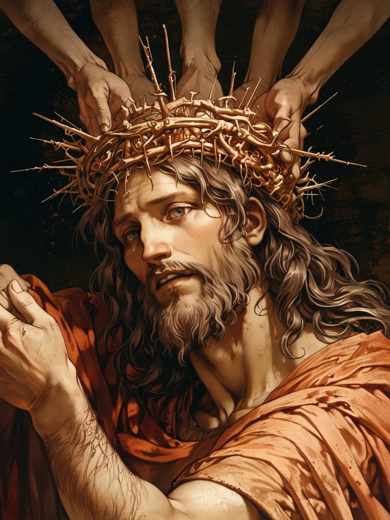 A hand reaches out to touch a crown of thorns, representing healing through Jesus' sacrifice.