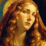 A woman with a weary expression reaches out towards a radiant figure.