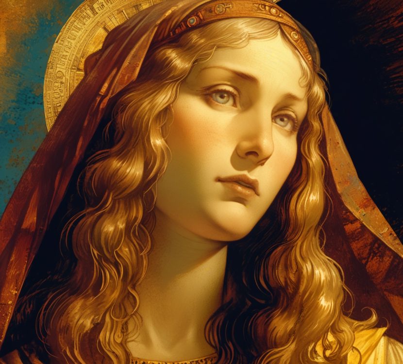 A woman with a weary expression reaches out towards a radiant figure.