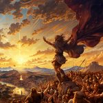 A panoramic landscape painting of a fierce battle at sunset, with Joshua raising his hands towards the sky.