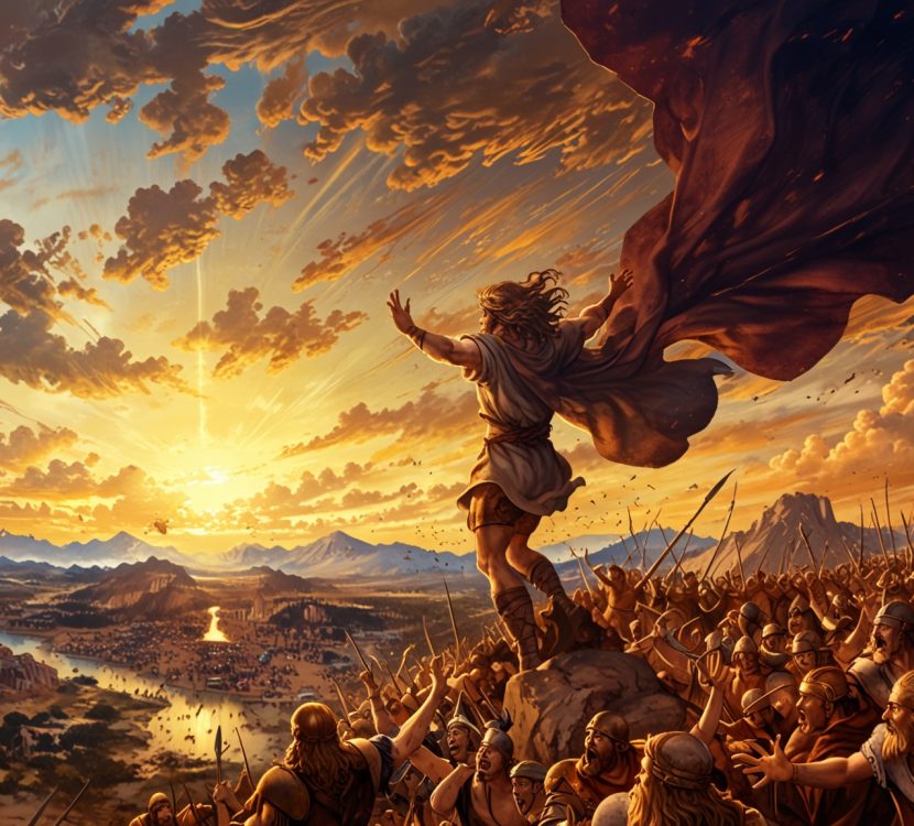 A panoramic landscape painting of a fierce battle at sunset, with Joshua raising his hands towards the sky.