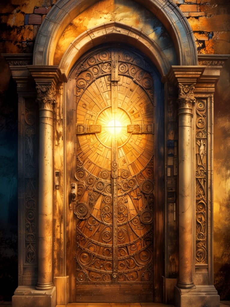 A depiction of ancient doors with one slightly ajar, light streaming through, representing God’s protective guidance.