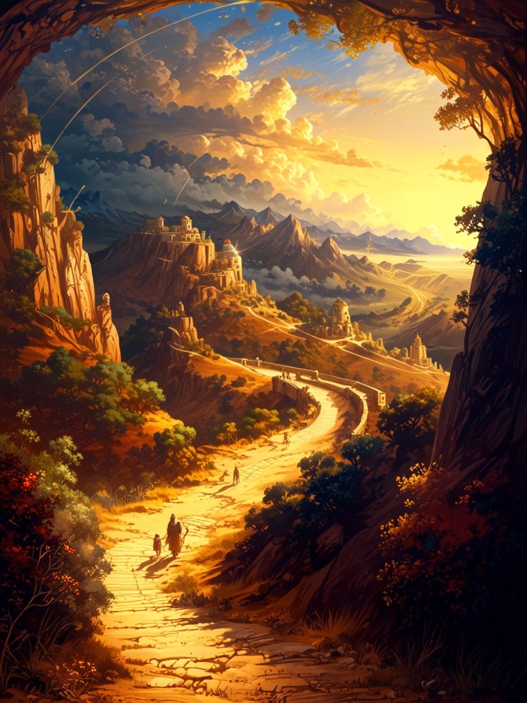 A winding path illuminated by divine light, suggesting a journey guided by God’s wisdom and direction.