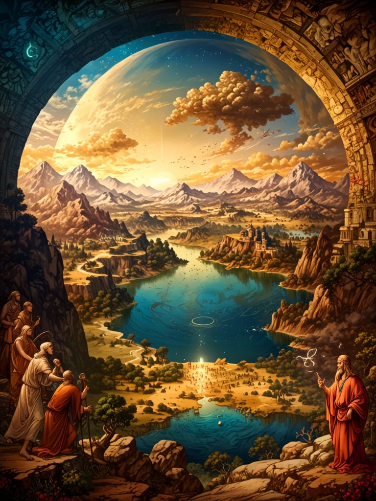 A serene landscape with subtle divine symbols interwoven, representing the natural and supernatural guidance in harmony.