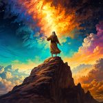 A lone figure stands on a mountaintop, arms raised towards a swirling nebula representing the divine majesty