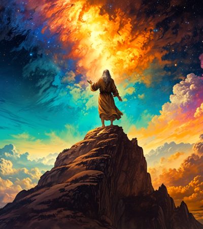 A lone figure stands on a mountaintop, arms raised towards a swirling nebula representing the divine majesty