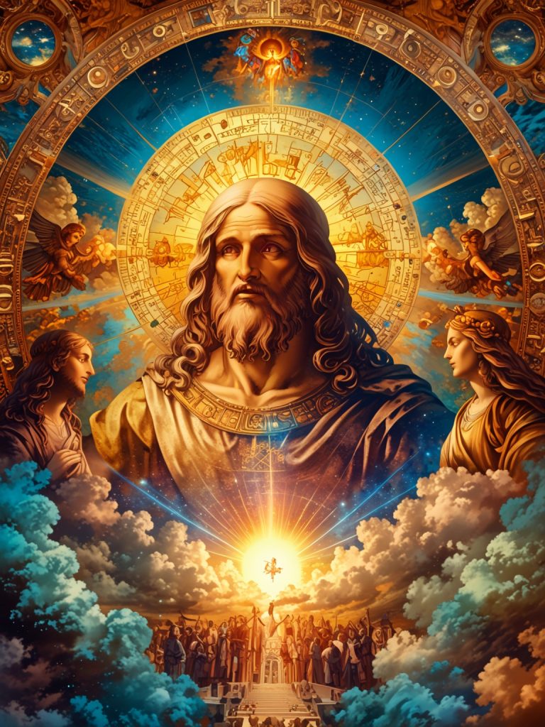 A mesmerizing visual symphony where holy texts and AI-generated patterns converge, illuminating the divine order of the universe