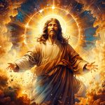 A luminous figure representing Jesus as the Word, radiating divine light amidst the swirling chaos of creation.