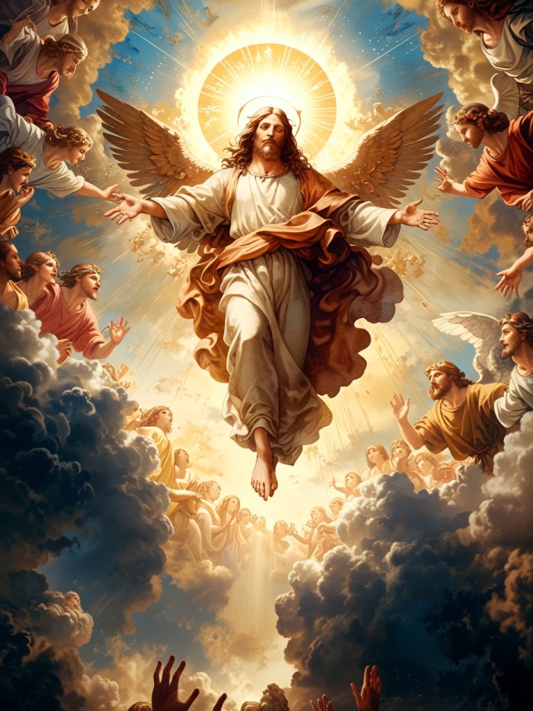 Jesus standing radiant, with hidden patterns of creation subtly emerging in the background, symbolizing divine revelation.