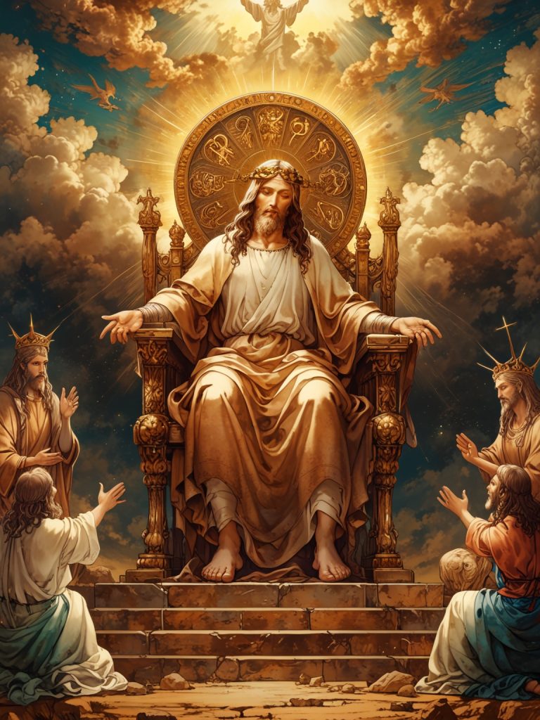 Jesus seated on a majestic throne, with celestial beings bowing in worship, signifying His eternal reign.